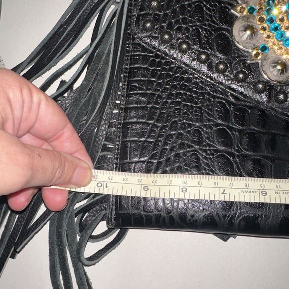 Raviani Fringe Satchel Bag In Black Alligator Embossd Leather Crystal Flower NWT - Picture 8 of 14